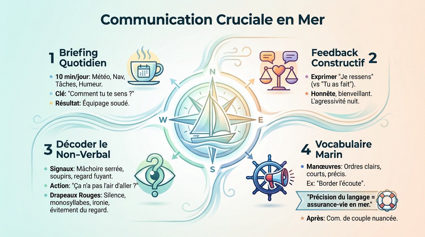 <strong>Couple discutant s&eacute;rieusement</strong> dans le cockpit d'un voilier en mer