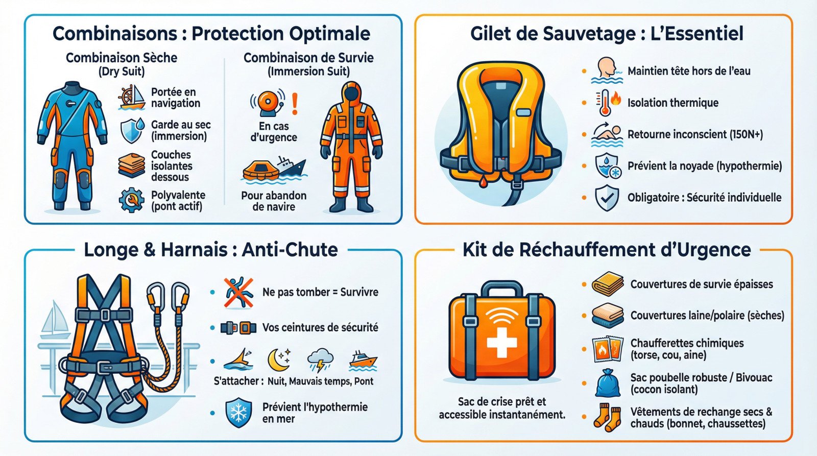 Équipement de sécurité marine essentiel : gilet de sauvetage, harnais et kit de survie sur un voilier