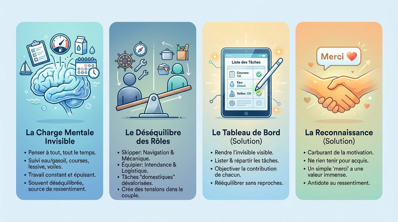 Couple g&eacute;rant la charge mentale et l'organisation sur un voilier