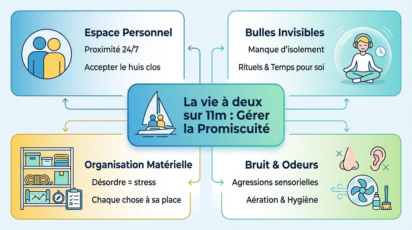 Couple g&eacute;rant la promiscuit&eacute; et l'organisation dans le carr&eacute; d'un voilier de 11 m&egrave;tres