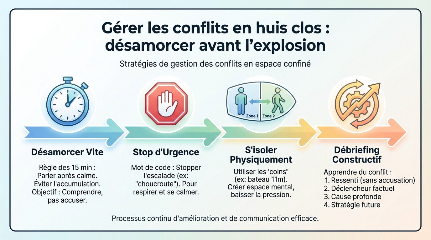 Couple discutant calmement dans le carr&eacute; d'un voilier pour <strong>r&eacute;soudre un conflit</strong>