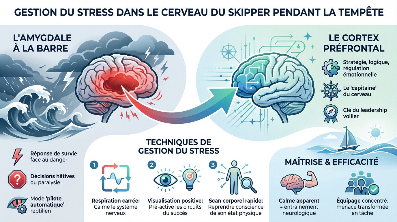 Schéma illustrant l'interaction entre l'amygdale et le cortex préfrontal chez un skipper en situation de tempête