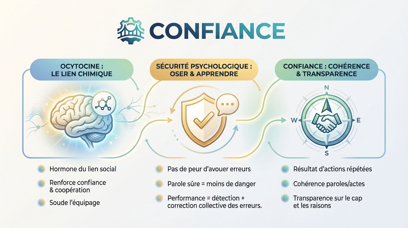 Infographie illustrant les 3 piliers de la confiance en leadership et neurosciences