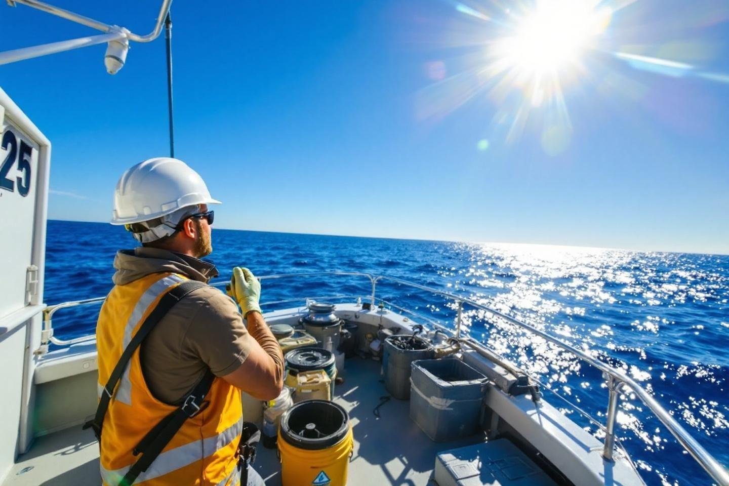 Travailleur en gilet jaune sur un bateau par temps ensoleillé