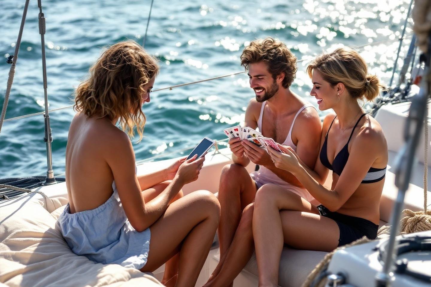 Amis jouant aux cartes sur un bateau en mer