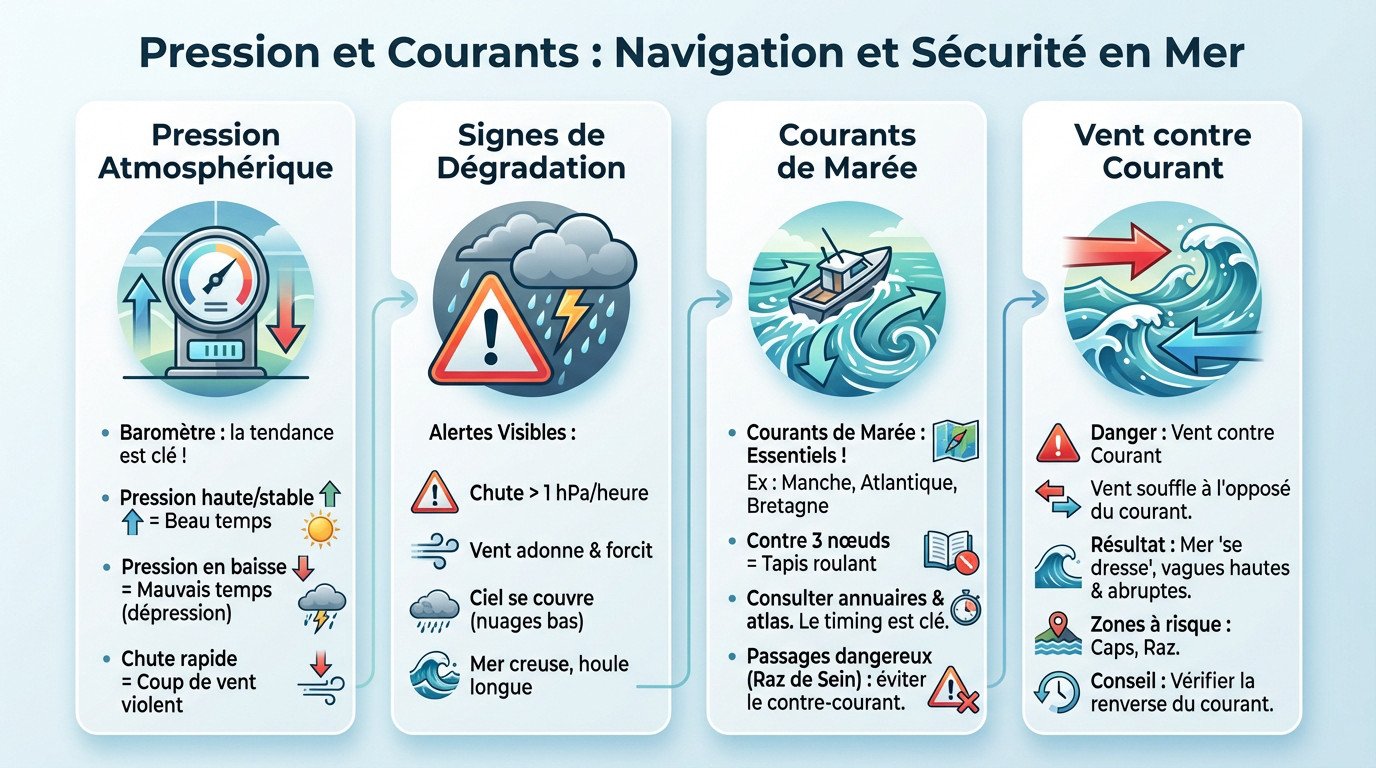 Carte météo marine montrant les isobares et les courants pour anticiper la navigation