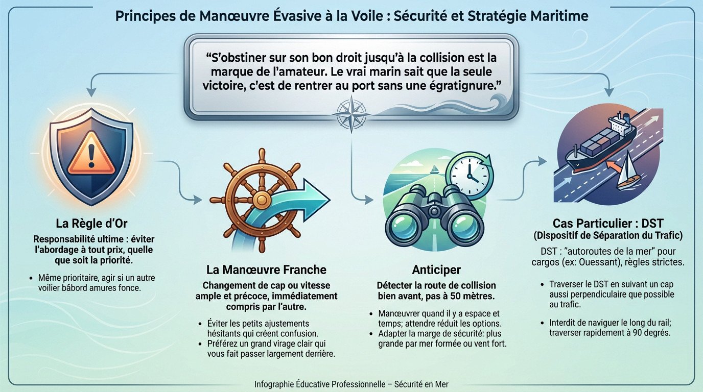 Schéma illustrant les principes d'une manœuvre évasive franche et sécurisée à la voile