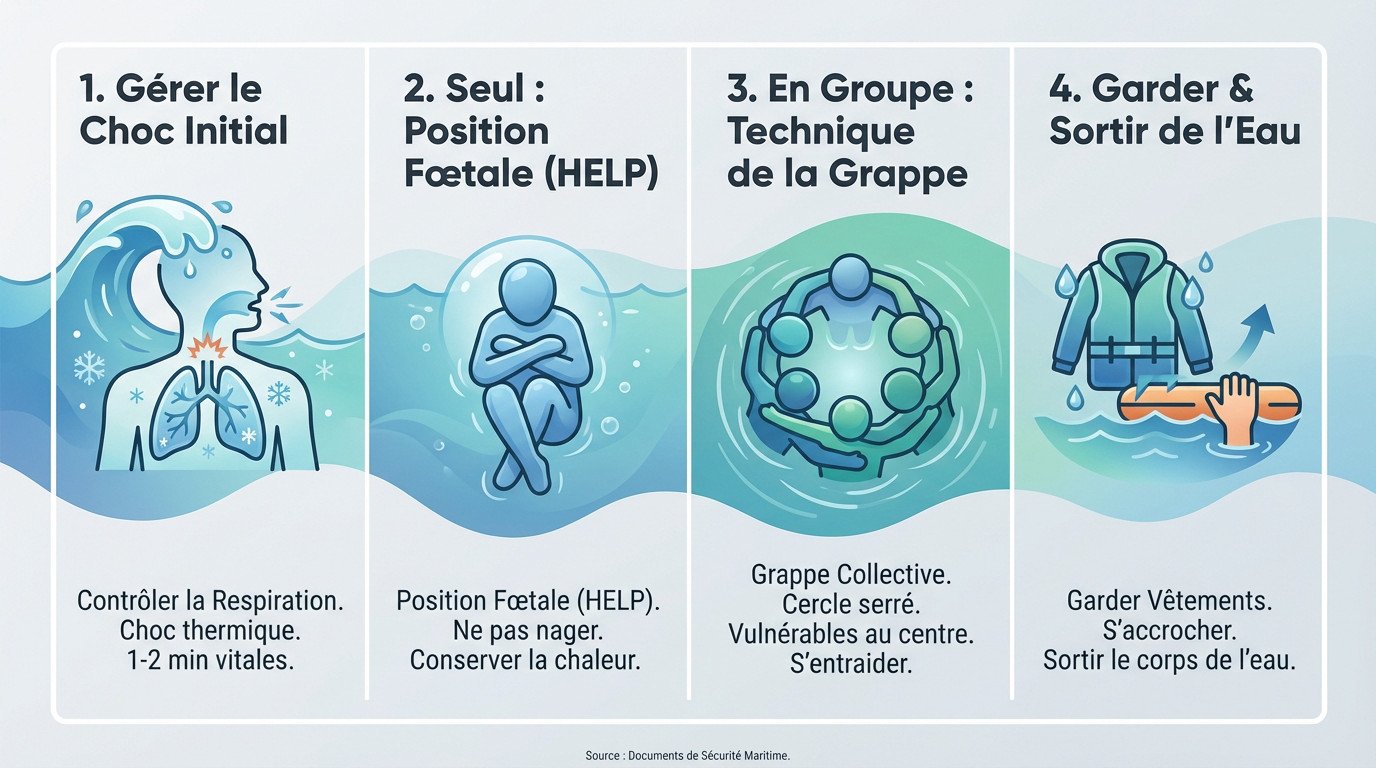 Schéma des positions de survie en mer : position HELP et technique de la grappe