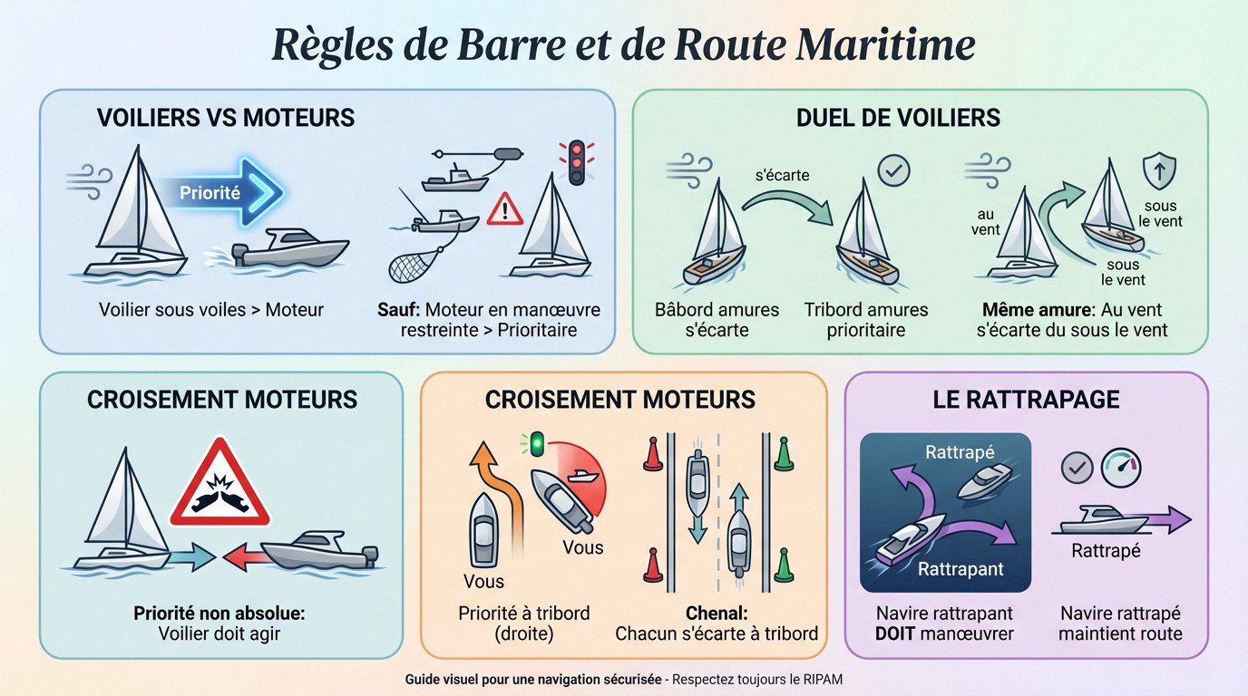 Schéma explicatif des règles de priorité et de croisement en mer