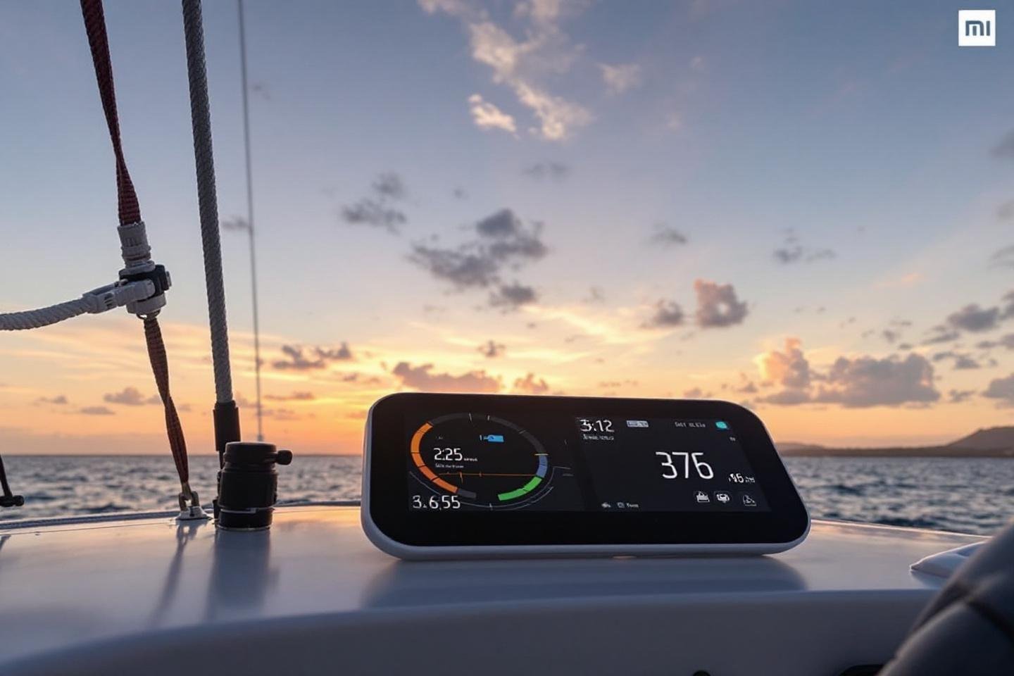 Écran numérique sur un bateau avec vue sur l'océan et coucher de soleil