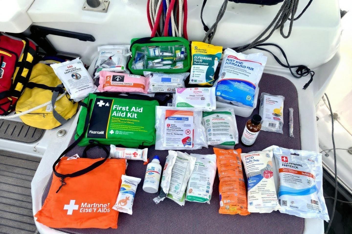 Divers kits et fournitures médicales disposés sur un bateau
