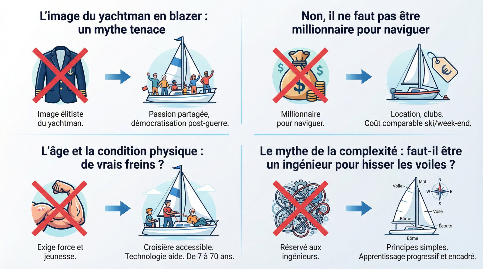 Infographie démystifiant les idées reçues sur la pratique de la voile : coût, âge et difficulté