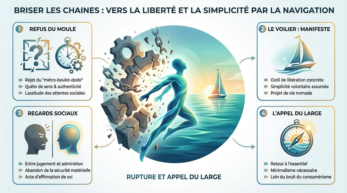 Voilier en pleine mer symbolisant la rupture avec le quotidien et la quête de liberté