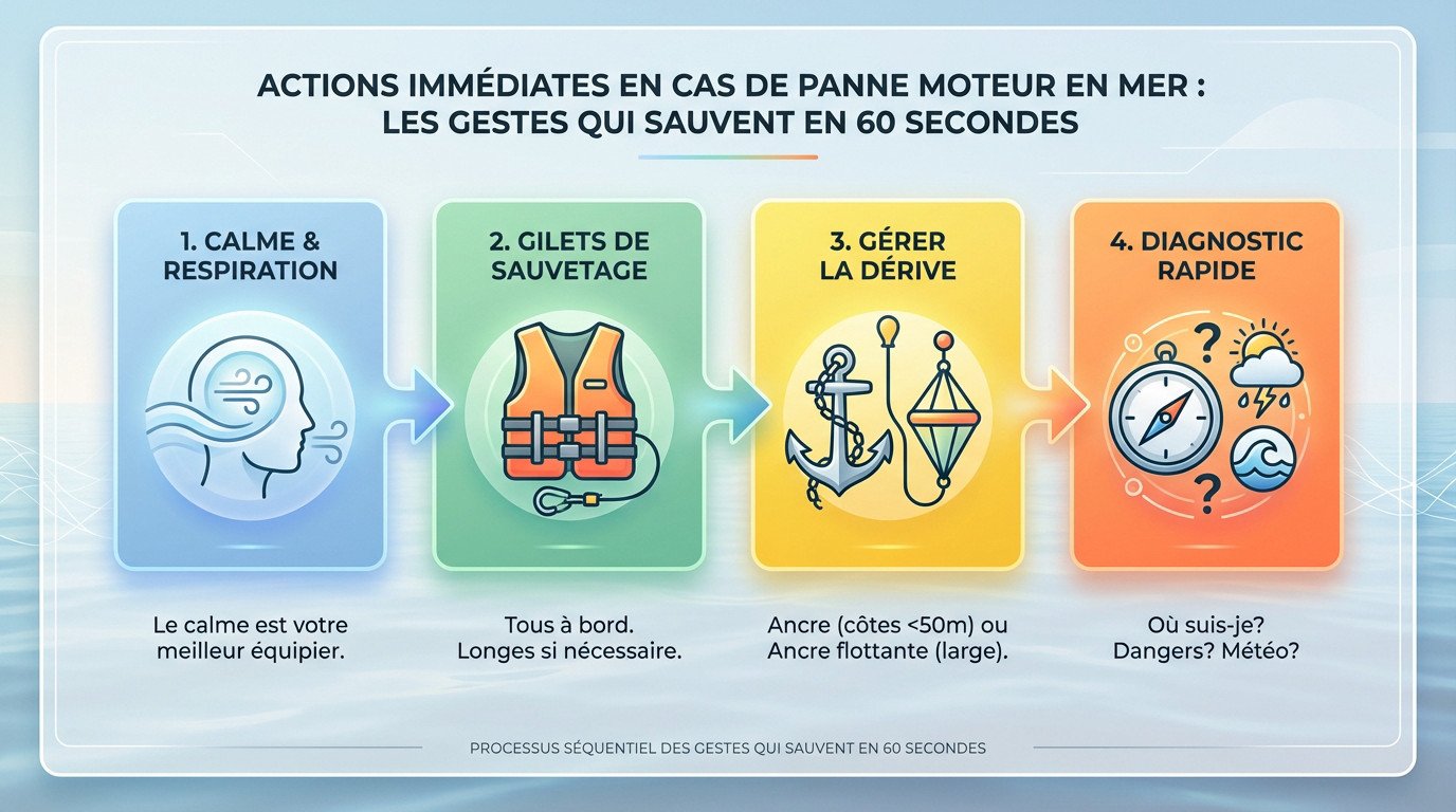 Skipper gardant son calme et analysant la situation après une panne moteur sur un voilier