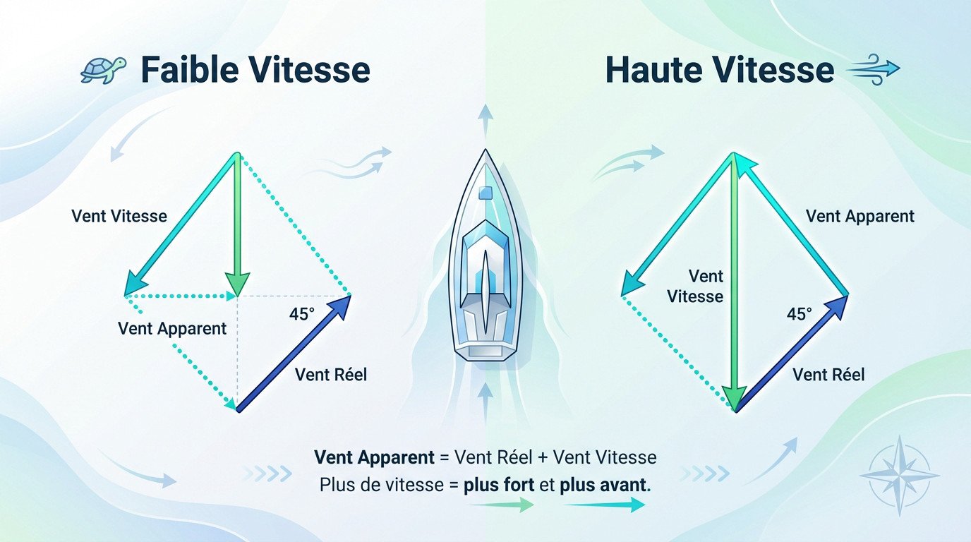 Schéma vectoriel expliquant la différence entre vent réel, vent vitesse et vent apparent sur un voilier