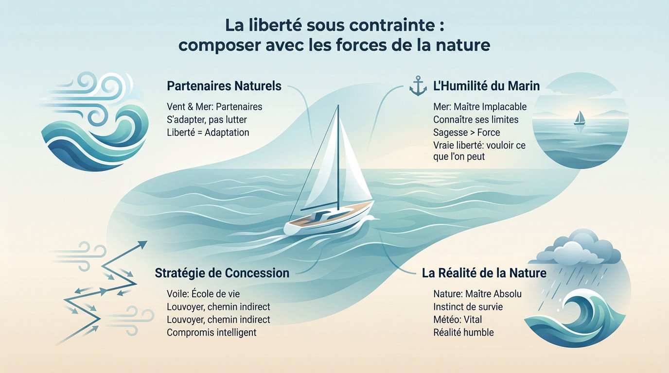 Voilier affrontant une mer agitée illustrant la liberté sous contrainte et l'adaptation aux éléments