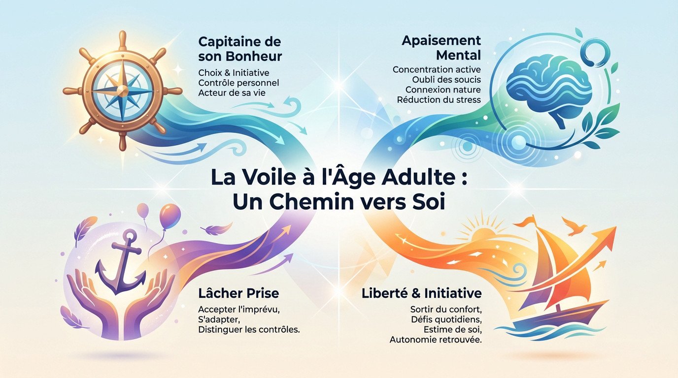 Adulte à la barre d'un voilier profitant d'un moment de sérénité et de développement personnel