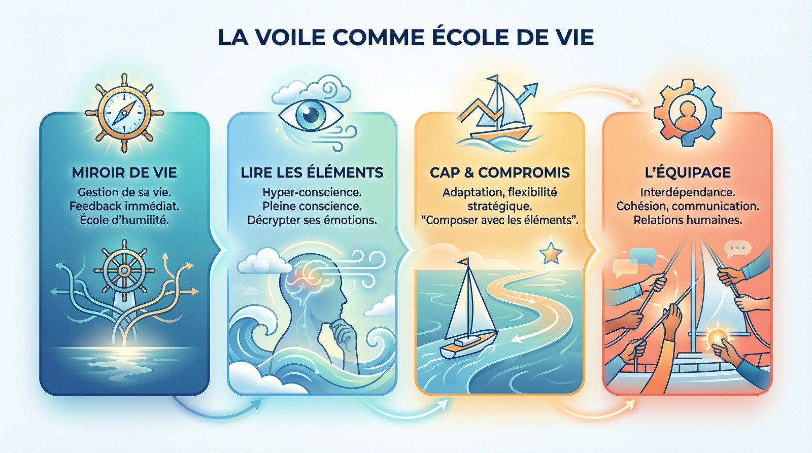Un voilier naviguant en mer symbolisant l'école de la vie et l'apprentissage personnel