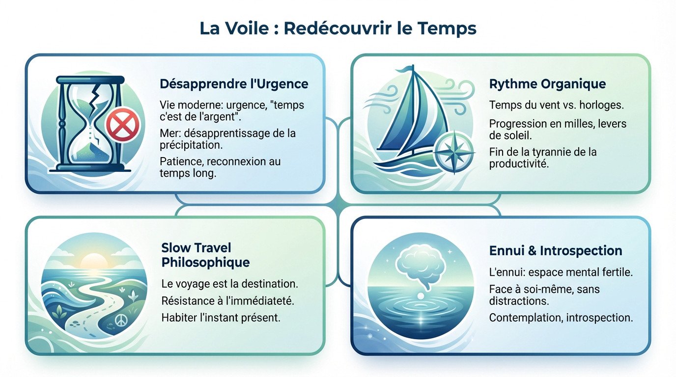 Voilier naviguant en haute mer symbolisant la liberté et le temps long