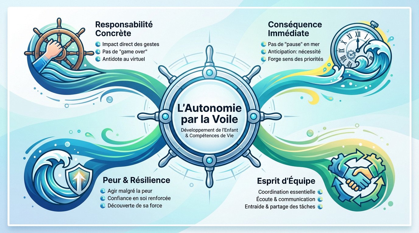 Enfant apprenant l'autonomie et la responsabilité à la barre d'un voilier