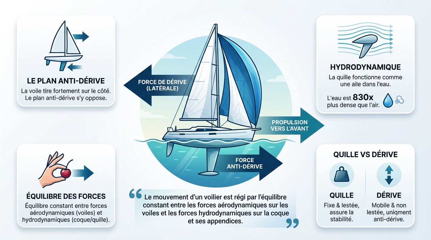 Schéma expliquant les forces anti-dérive de la quille et la propulsion du voilier