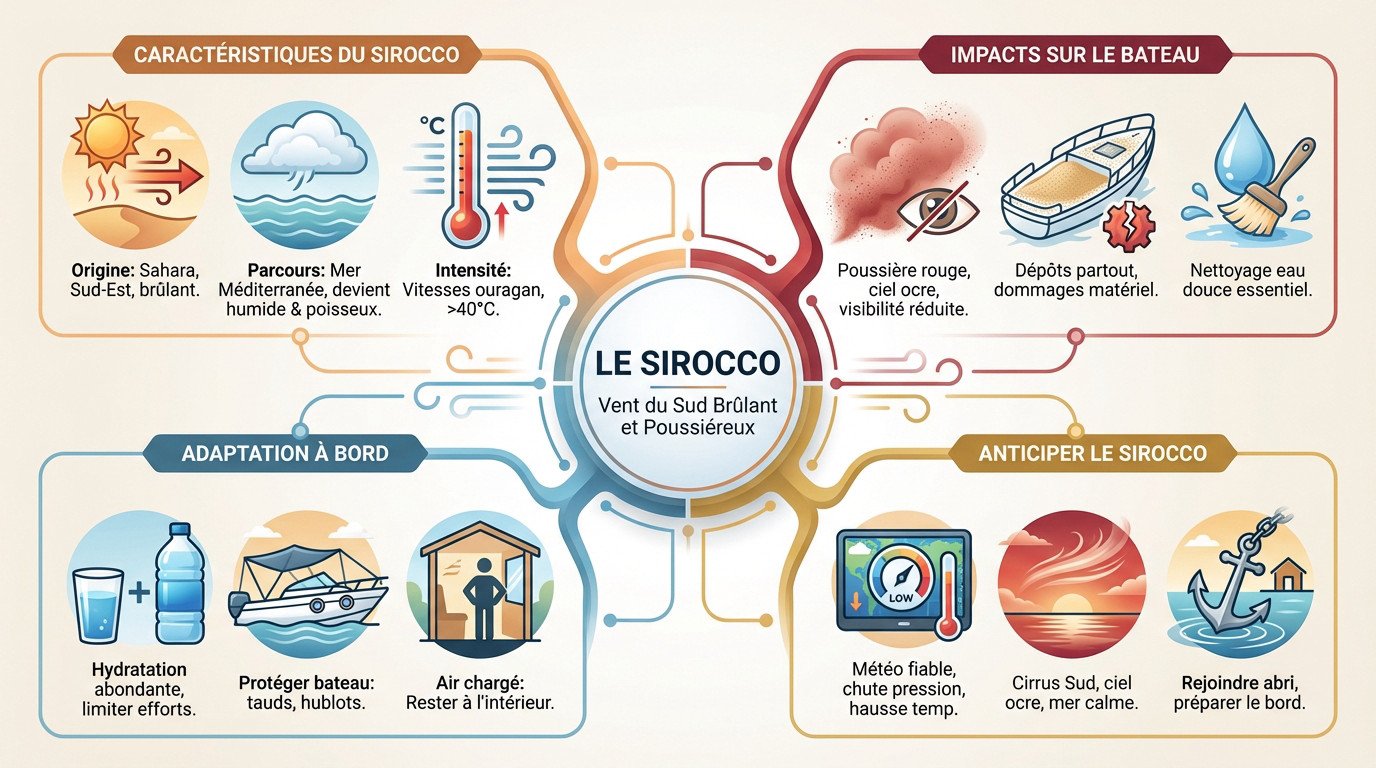 Voilier naviguant sous un ciel ocre chargé de sable saharien dû au vent Sirocco