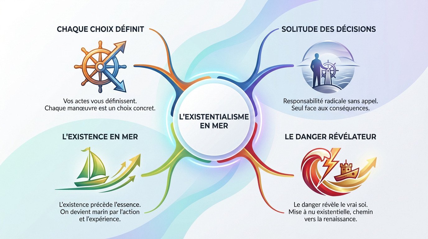 Infographie illustrant les principes de l'existentialisme appliqués à la navigation à voile et la prise de décision en mer