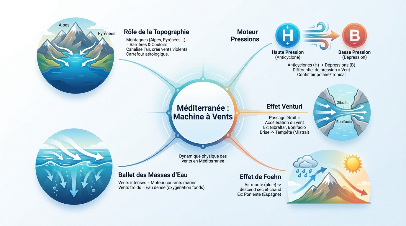 Carte illustrée des vents en Méditerranée montrant les flux d'air autour des reliefs montagneux