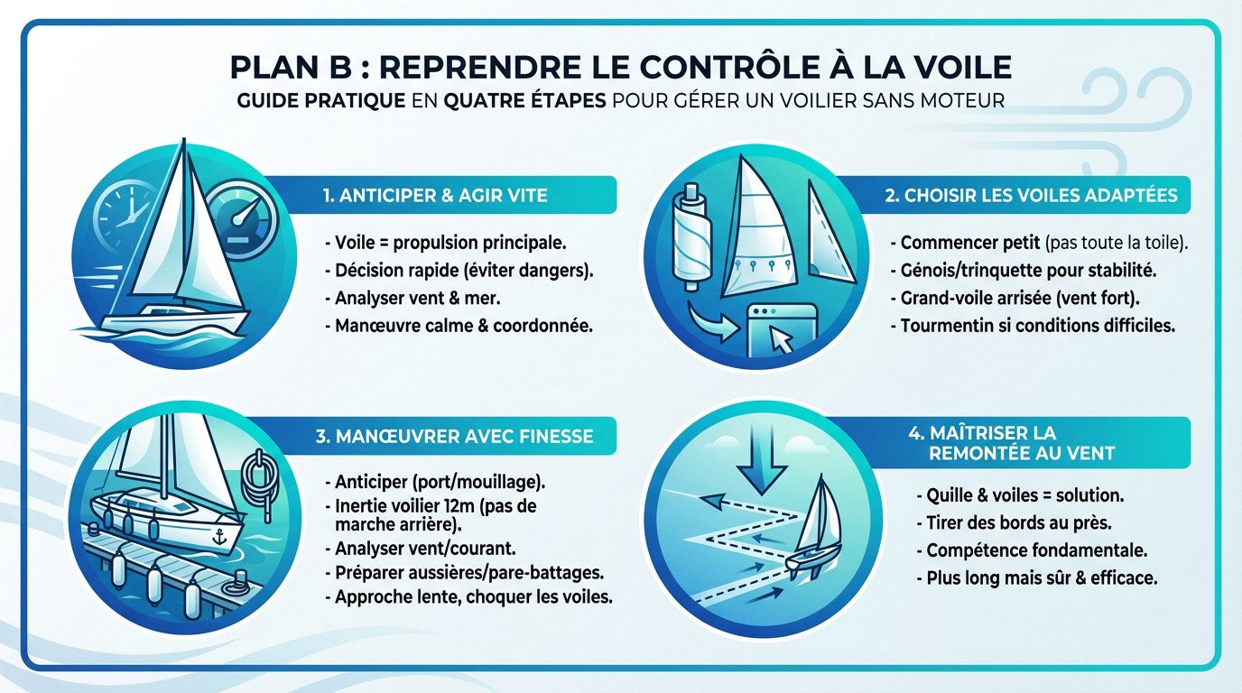 Voilier naviguant sous voiles pour reprendre le contrôle après une panne moteur