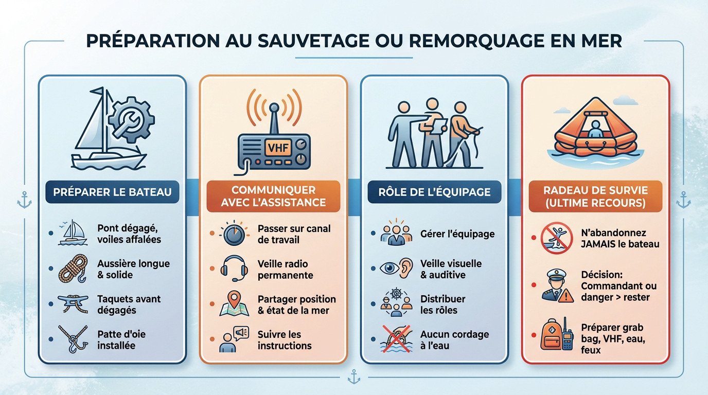 Préparation du pont d'un voilier pour un remorquage en mer