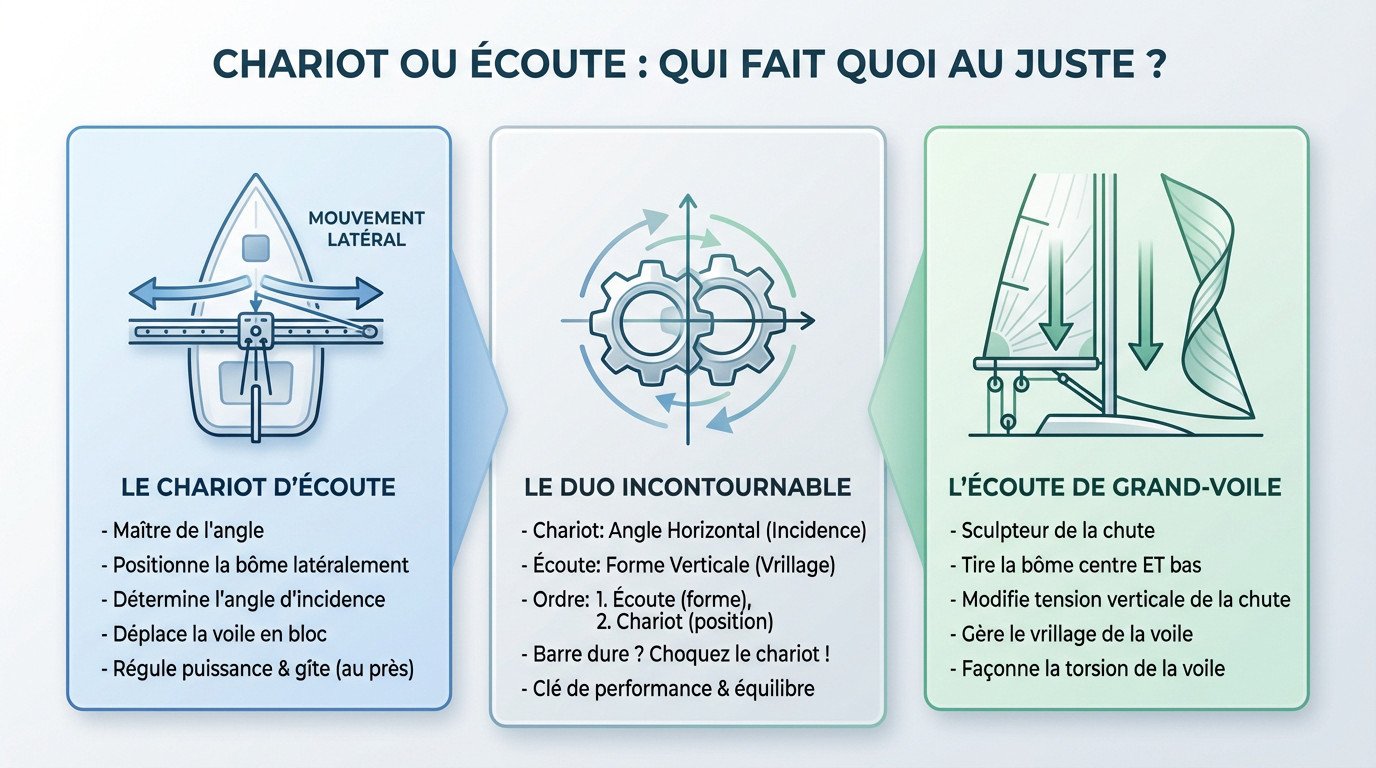 Schéma explicatif montrant la différence d'action entre le chariot et l'écoute sur une grand-voile