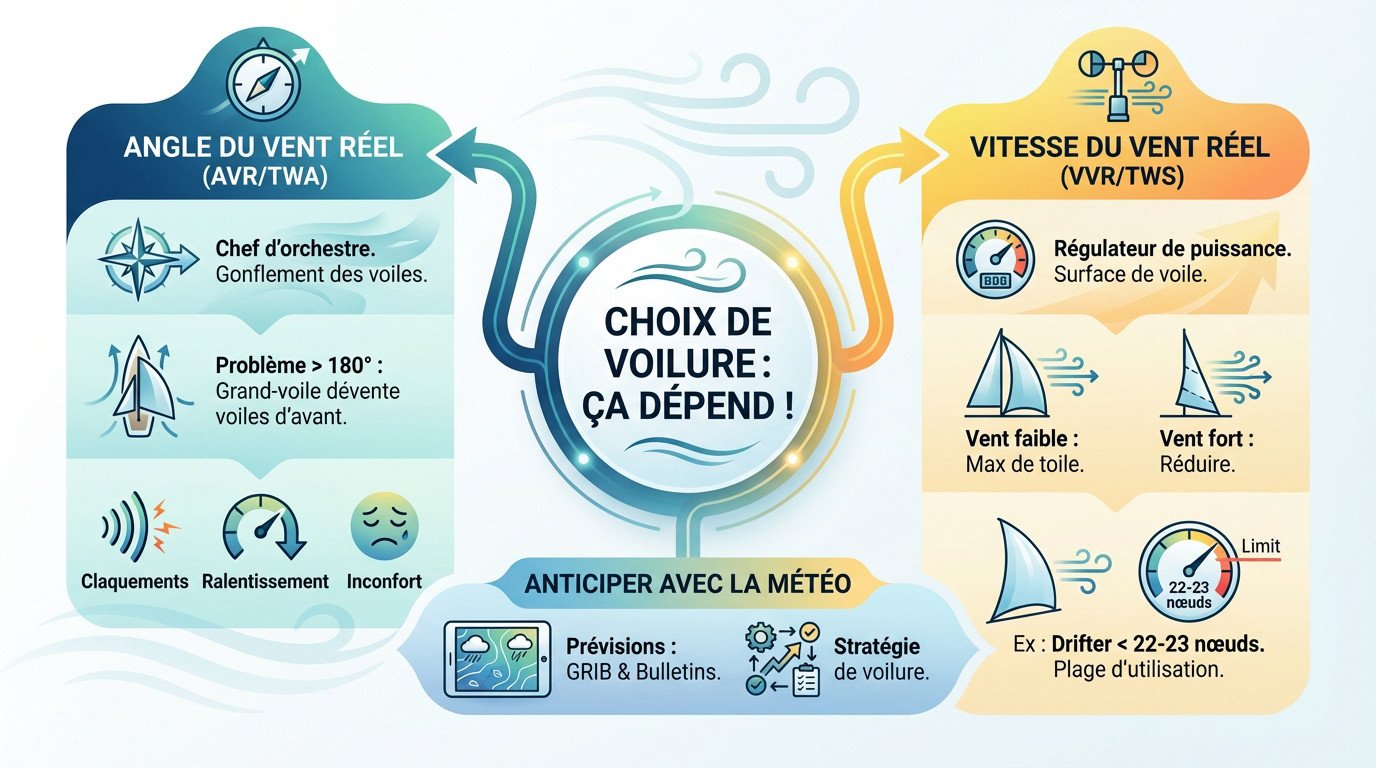 Schéma illustrant le choix de voilure selon l'angle et la force du vent pour la navigation au portant