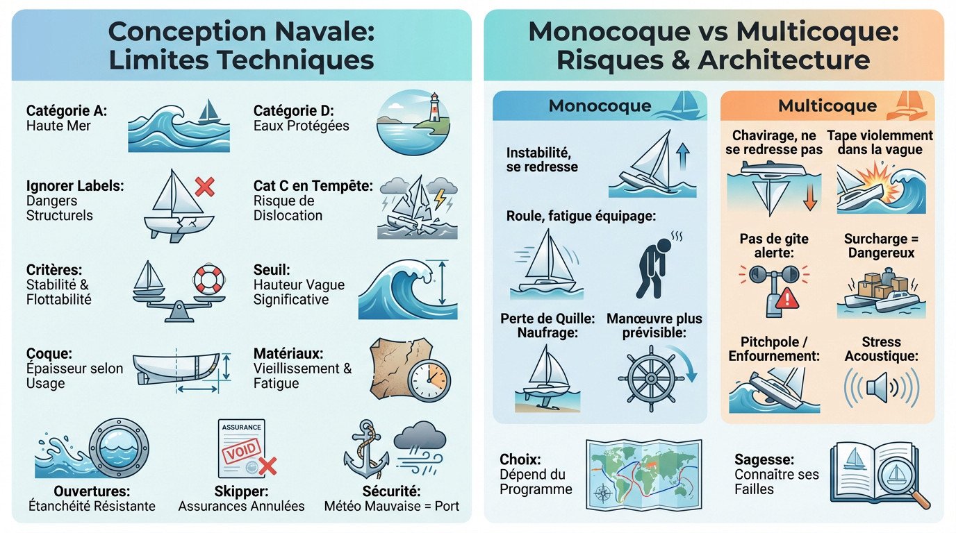 Comparaison des limites structurelles et des risques de chavirage entre voiliers monocoques et multicoques selon les catégories de conception