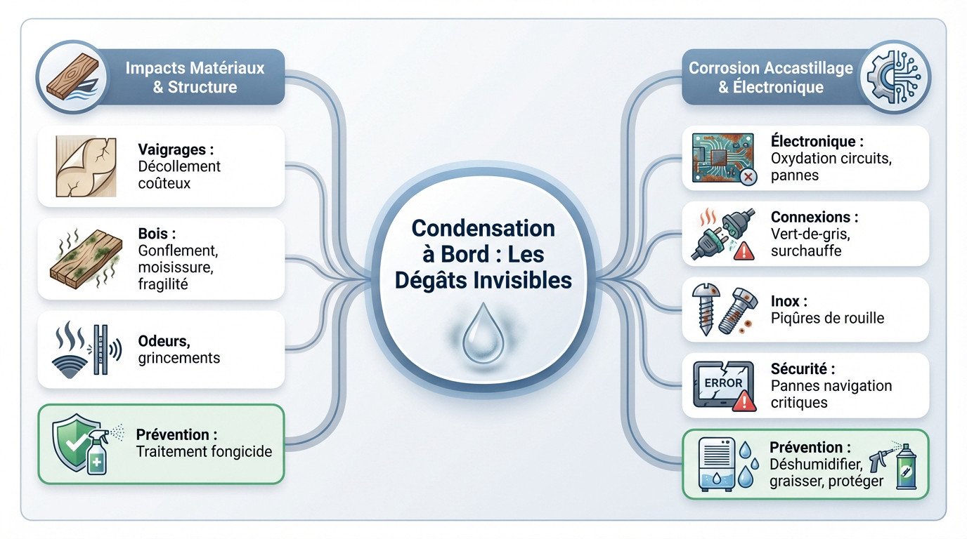 Condensation sur les hublots et moisissures sur les vaigrages d'un voilier