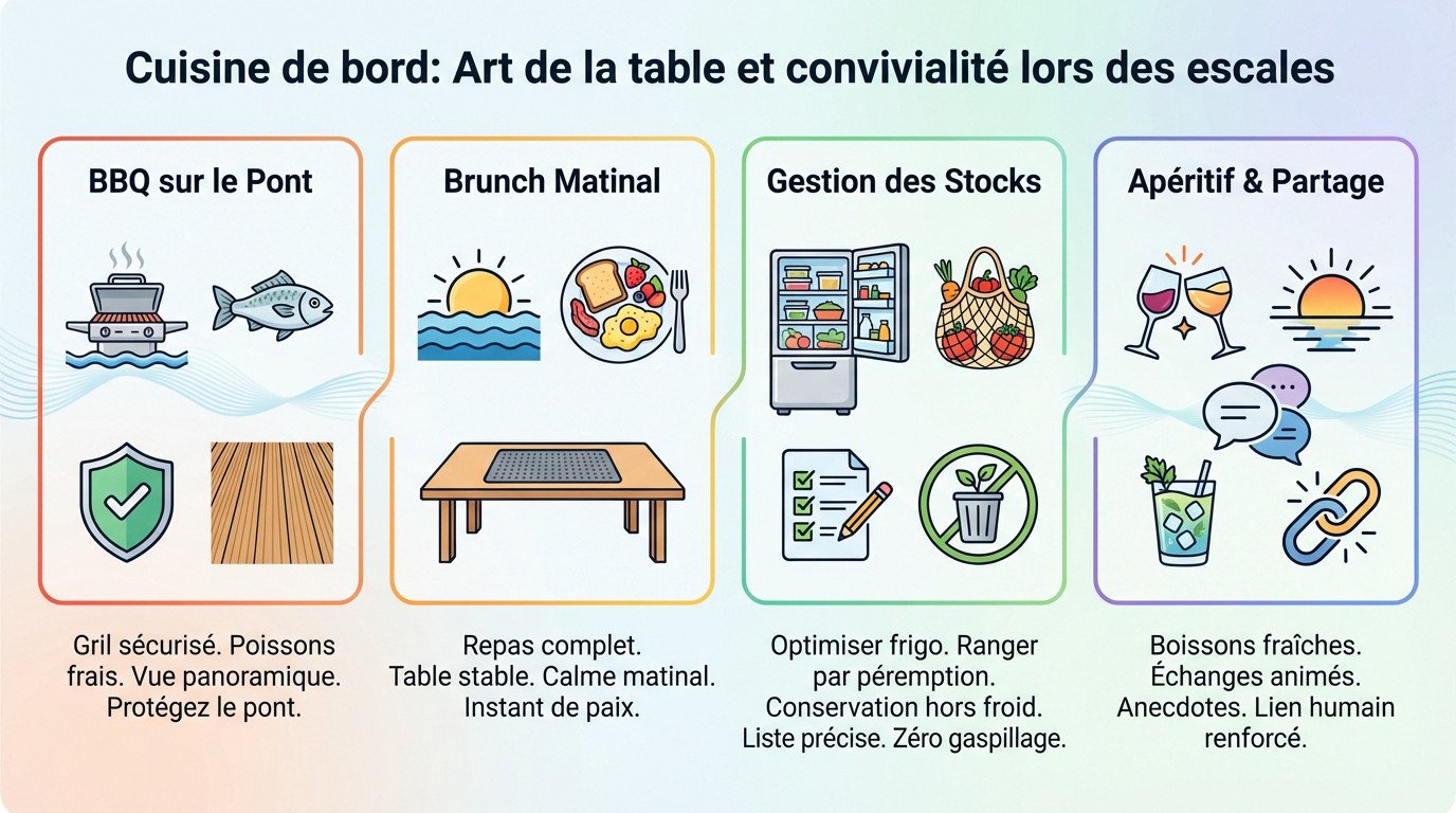 Cuisine conviviale sur le pont d'un voilier au mouillage lors d'une escale