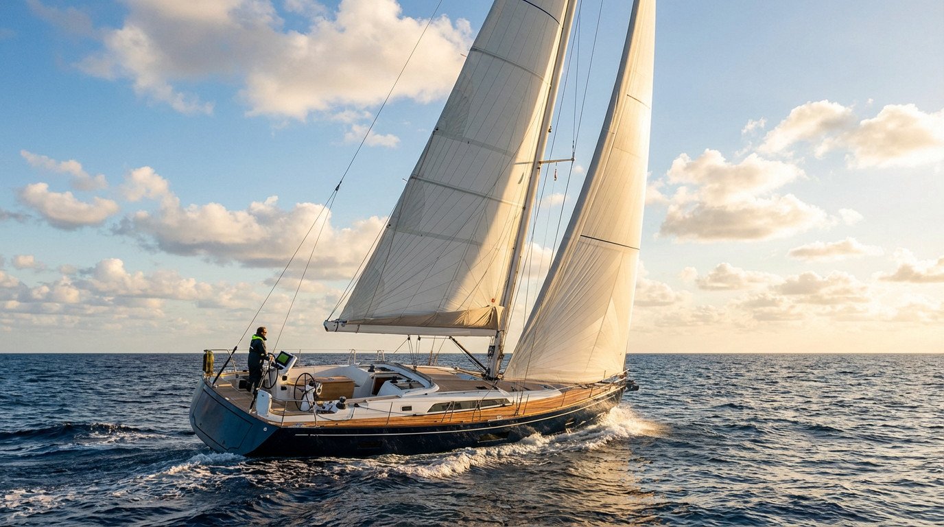 A modern cruising sailboat sails upwind on a vibrant blue ocean at golden hour. White sails are taut, helmsman steers.