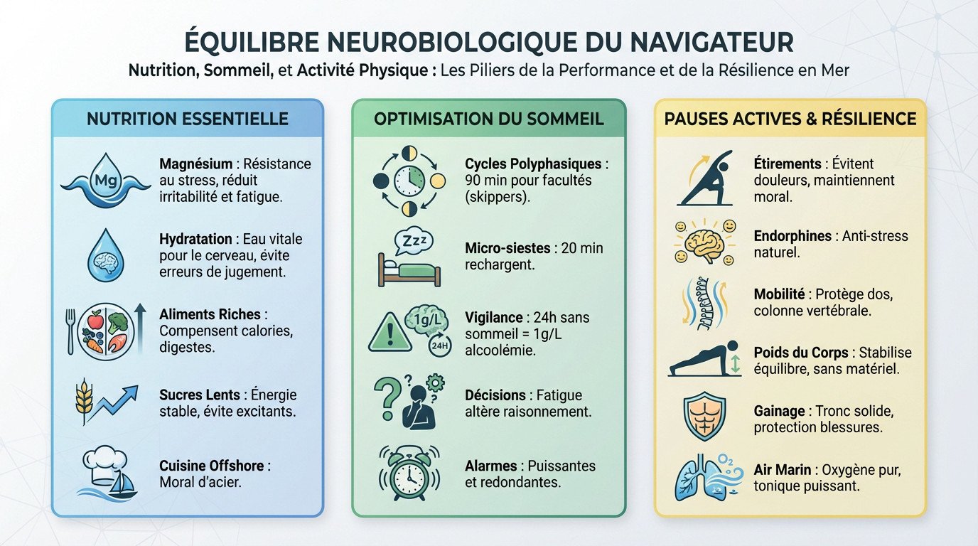 Schéma de l'équilibre neurobiologique du navigateur montrant l'interaction entre nutrition, sommeil et gestion du stress en mer
