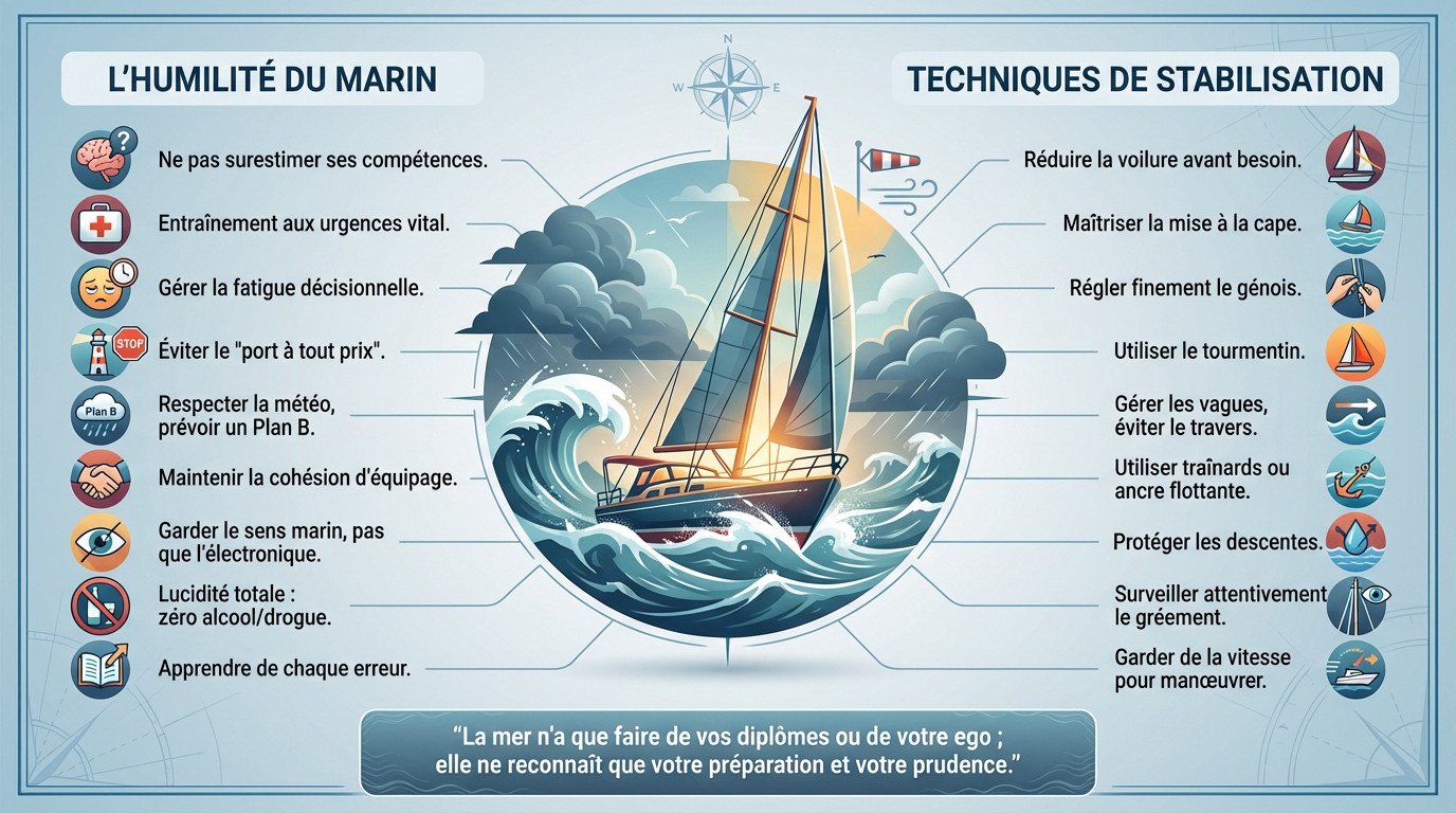 Navigation à voile par gros temps avec réduction de voilure sur un voilier de voyage