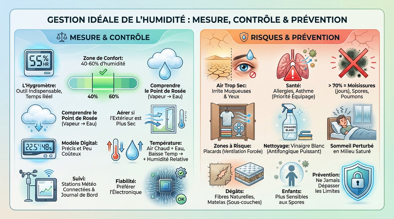 Schéma illustrant la gestion idéale de l'humidité à bord : mesure, contrôle et prévention des moisissures