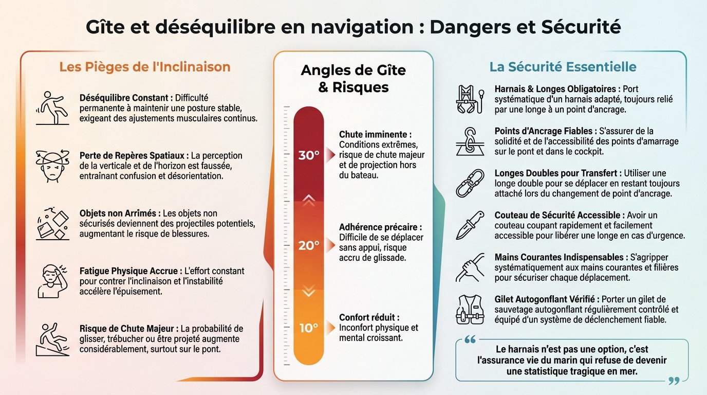 Voilier de 11m en forte gîte par mer agitée illustrant les risques de déséquilibre sur le pont