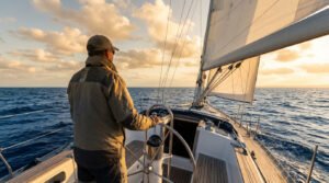 Rear view of a skipper confidently steering a sailboat during golden hour, with a partially visible sail and choppy blue sea.