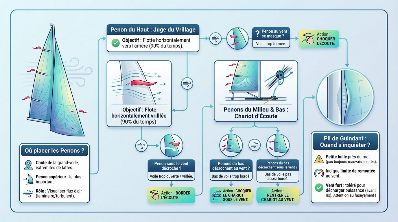 Schéma explicatif du réglage de grand-voile par les penons montrant les écoulements laminaires et turbulents