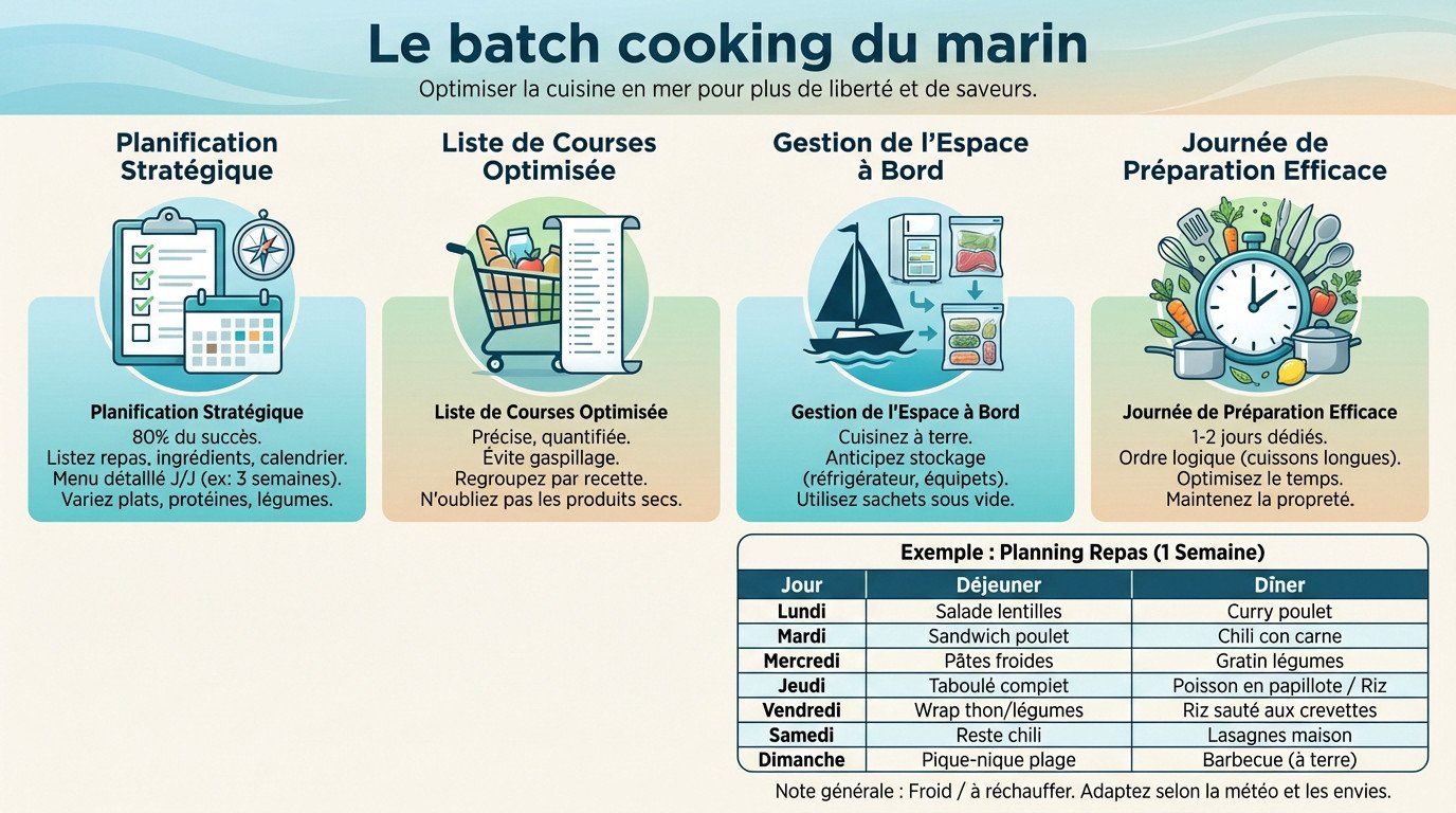 Infographie expliquant les &eacute;tapes du batch cooking pour la cuisine offshore sur un voilier