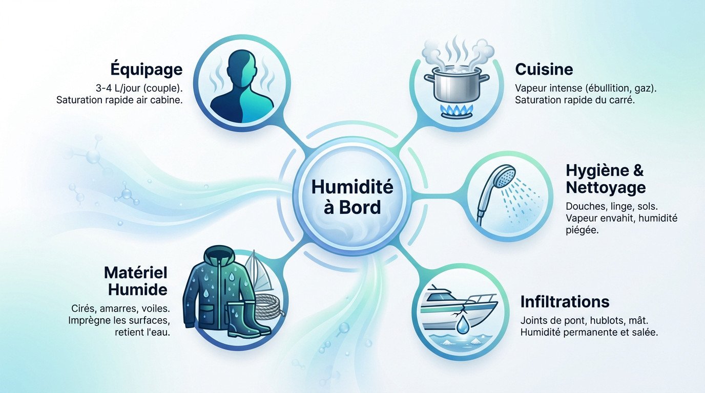 Infographie détaillant les 5 principales sources d'humidité à bord d'un voilier : respiration, cuisine, douche, fuites et stockage humide