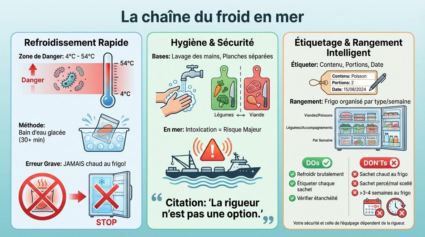 Sch&eacute;ma explicatif de la cha&icirc;ne du froid pour la cuisine offshore : refroidissement rapide et stockage s&eacute;curis&eacute;