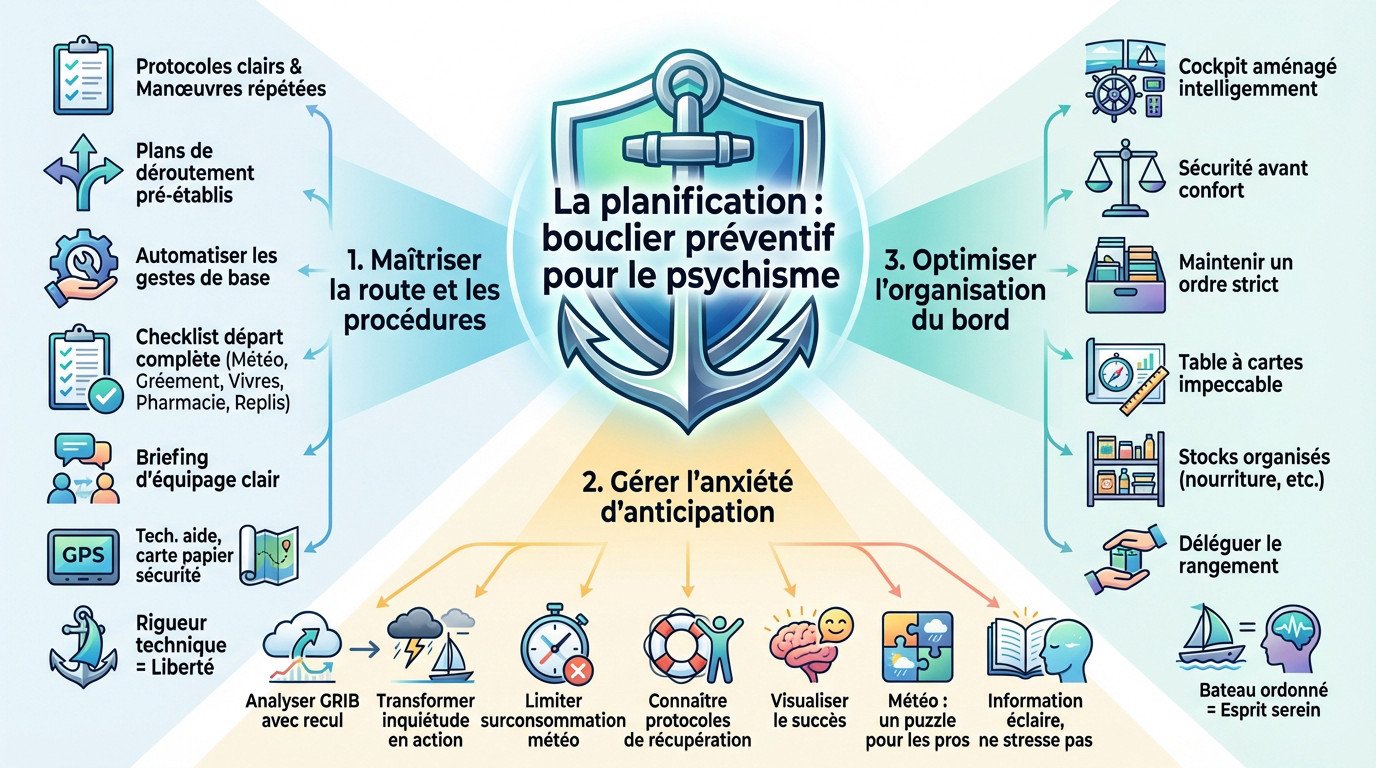 Skipper consultant une carte marine et planifiant sa route pour réduire le stress en mer