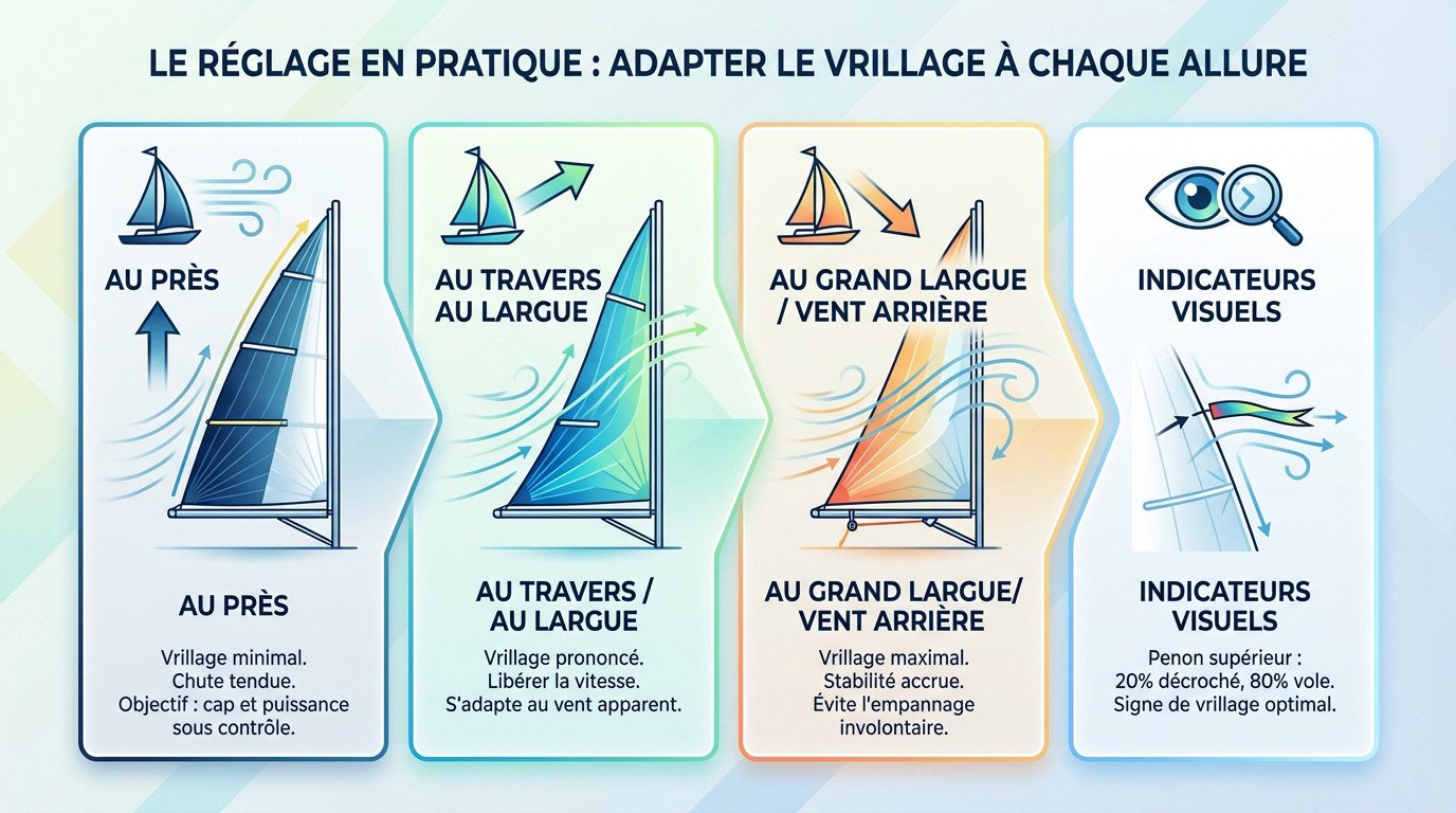Schéma illustrant le vrillage de la grand-voile aux différentes allures sur un voilier