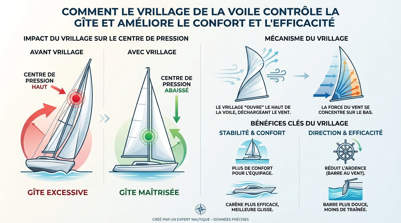 Schéma montrant l'effet du vrillage de la voile sur la gîte et le confort du voilier