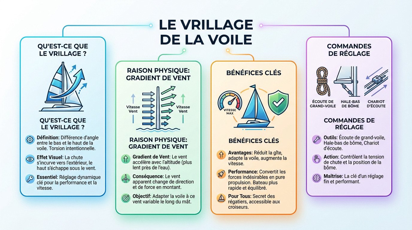 Schéma explicatif du vrillage de la grand-voile et son impact sur l'écoulement du vent