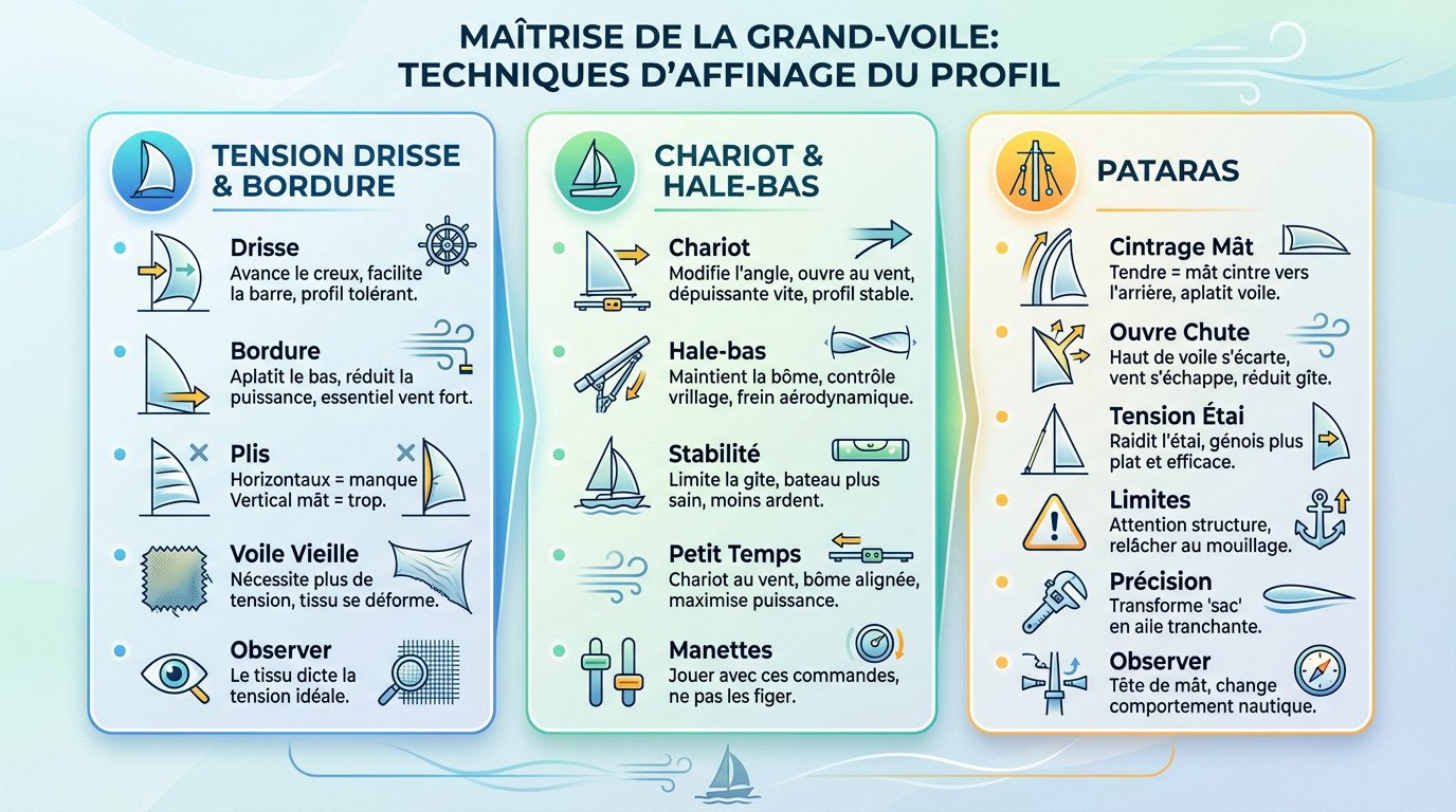 Réglage fin de la grand-voile avec chariot et pataras sur un voilier de croisière au près